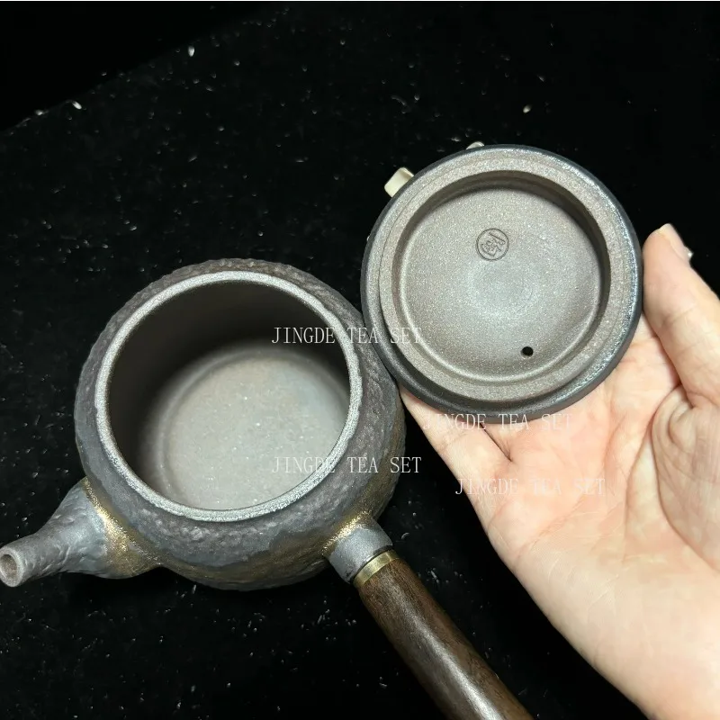 200ml Japanese Gilt Iron-glazed Teapot Solid Wood Handle Filter Tea Pot Retro Pottery Tea Maker Chinese Tea Set Accessories