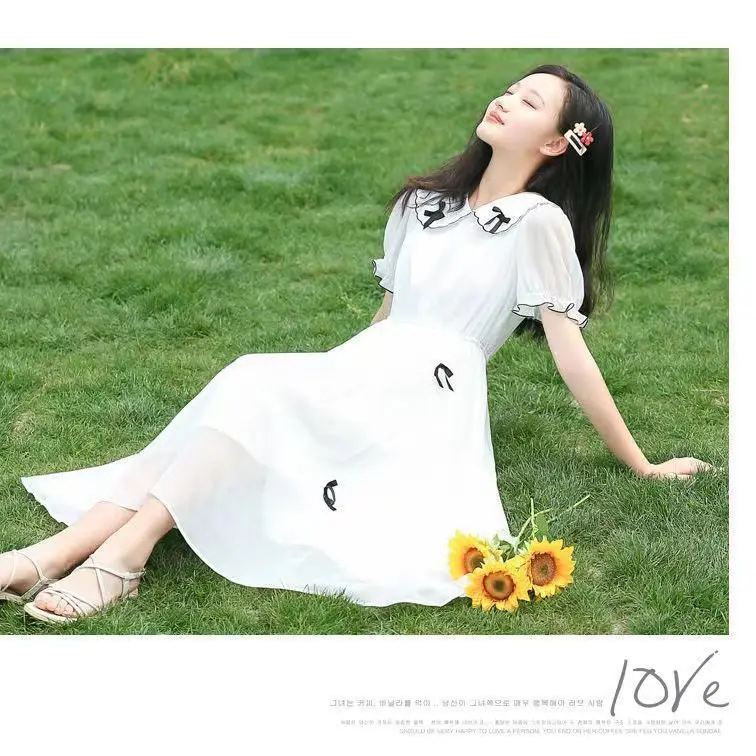 

Girl Bow Dress Summer High School Junior High School Student Summer Wear Chiffon Dress Princess Long Dress an Embroidered Skirt