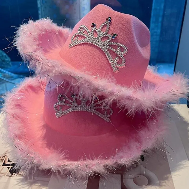 Pink West Cowgirl Hats Summer Women Crown Feather Felt Sequin Caps Outdoor Holiday Wide Brim Hat Fashion Accessory Cosplay Props