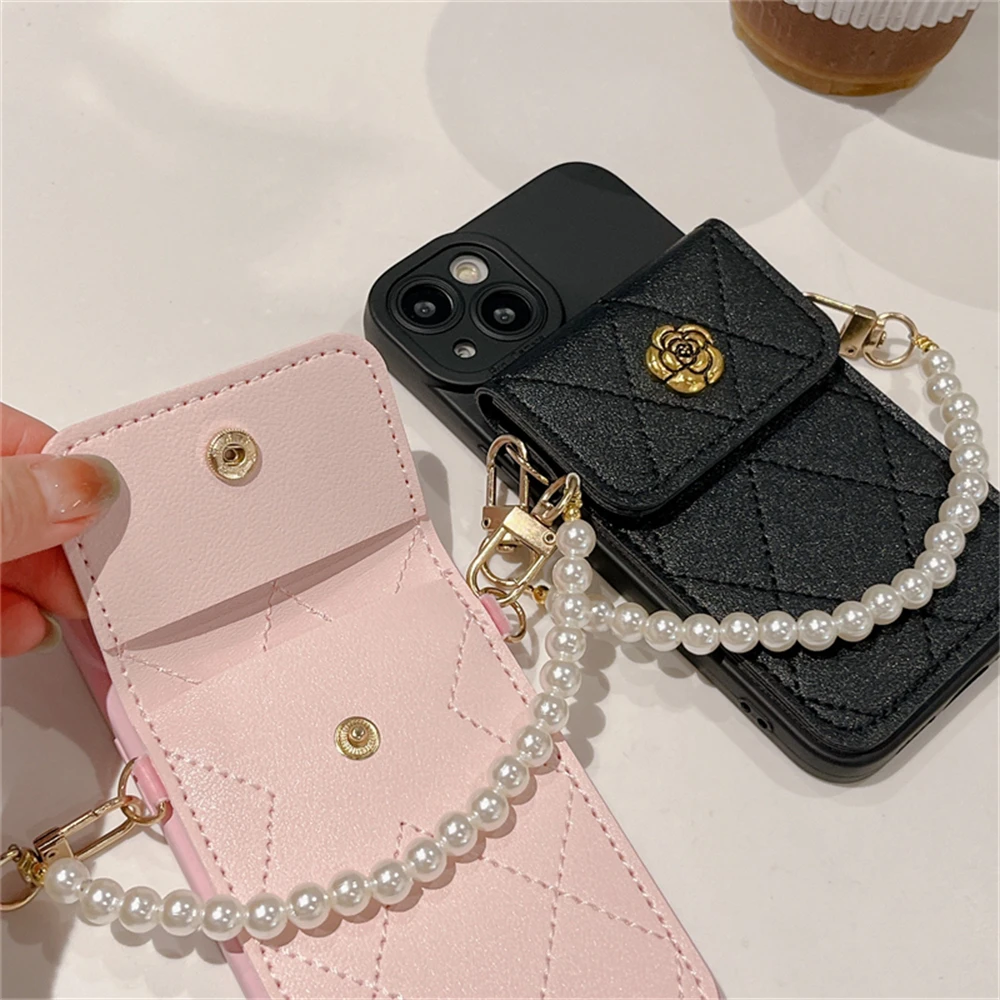 Korea 3D Kamelie Blume Karte Tasche Perle Kette Silikon Weiche Fall Für iPhone 16 15 14 Pro Max 13 12 11 X XR 8 Plus Stoßfest Abdeckung_voghion.com