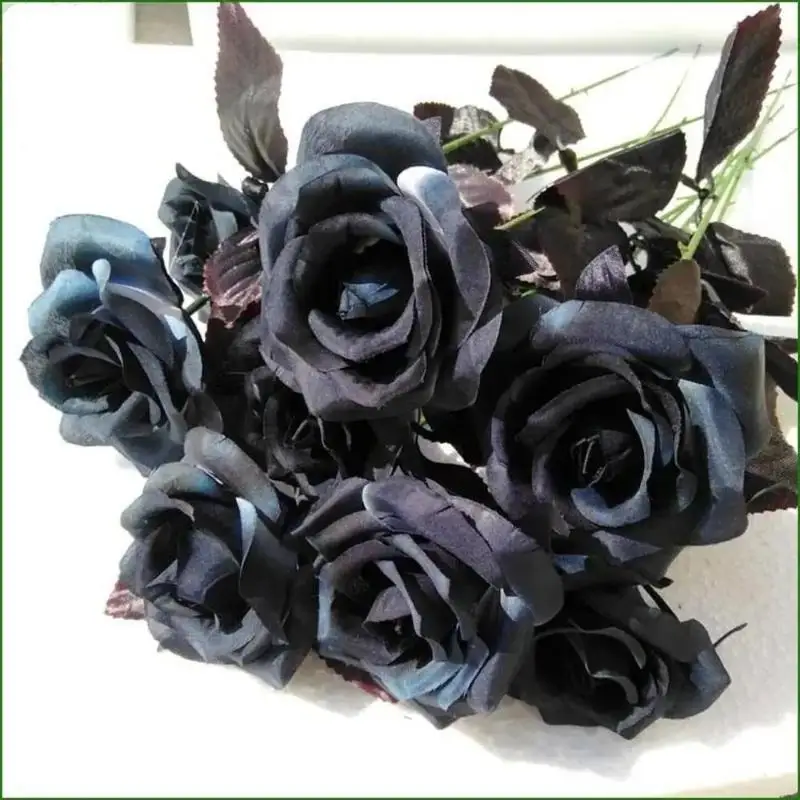 10Pcs/Set Artificial Black Single Rose Bouquet Halloween Ghost Festival Horror Gothic Style Dark Series Decorative FakeFlowers