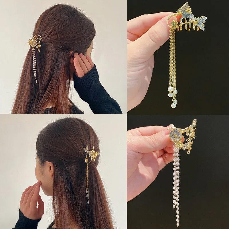 

Retro design sense Super Fairy Rhinestone Tassel Butterfly Clip Female Temperament Hair Accessories Hair Clip Half Tie SharkClip