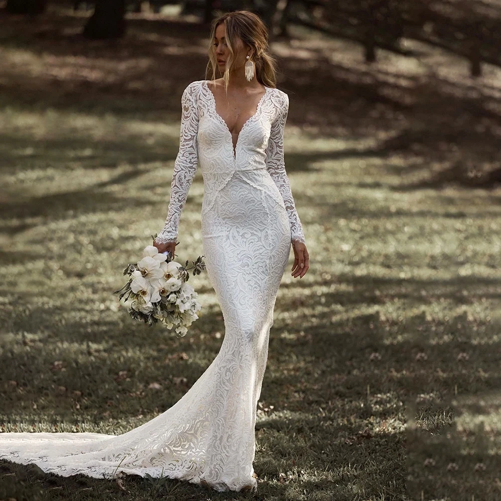 

Sexy Deep V-Neck Mermaid Long Fitted Sleeves Hollow Back Lace Appliques Bridal Gowns Backless Custom Made Train Wedding Dress