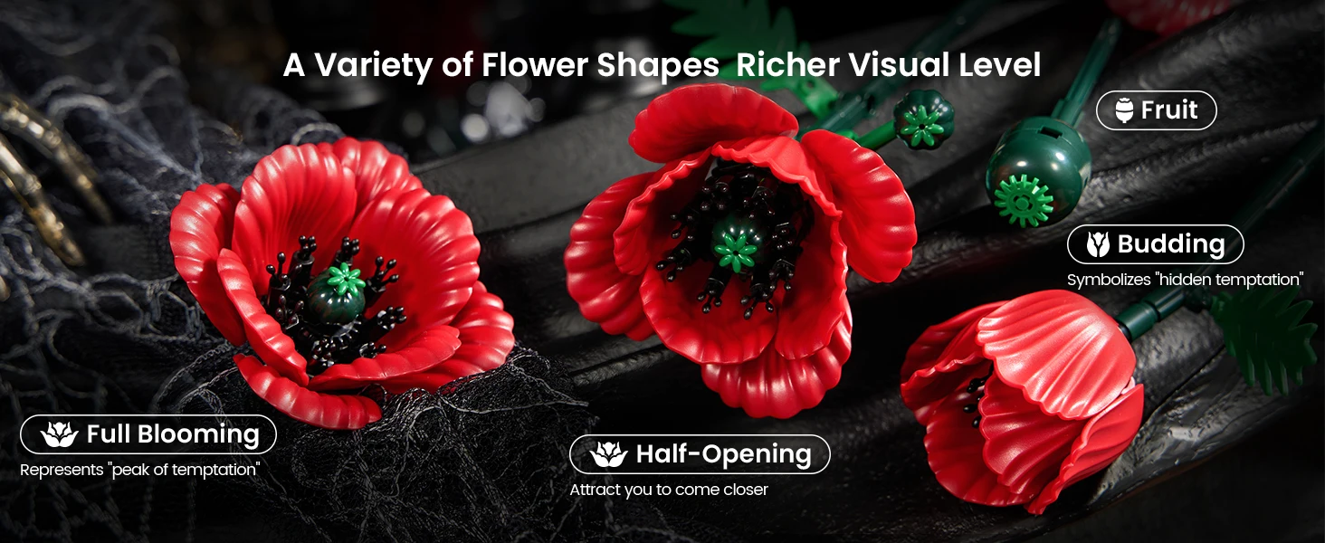 Red poppy building blocks bouquet showing multiple bloom stages with realistic details