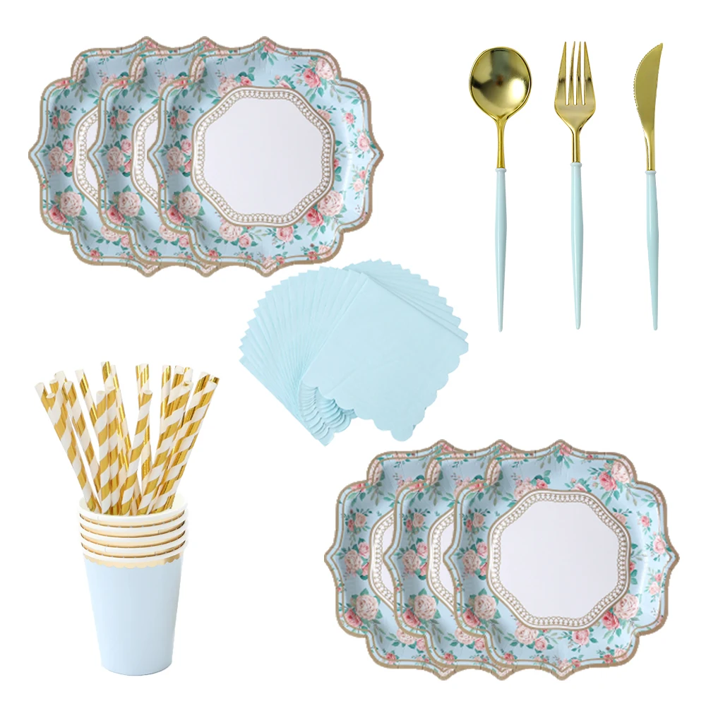 

Floral Tea Party Disposable Tableware 9inch Plates Flag Cake Rack Flower Teacups Tea Garden Birthday Bridal Baby Shower Decor