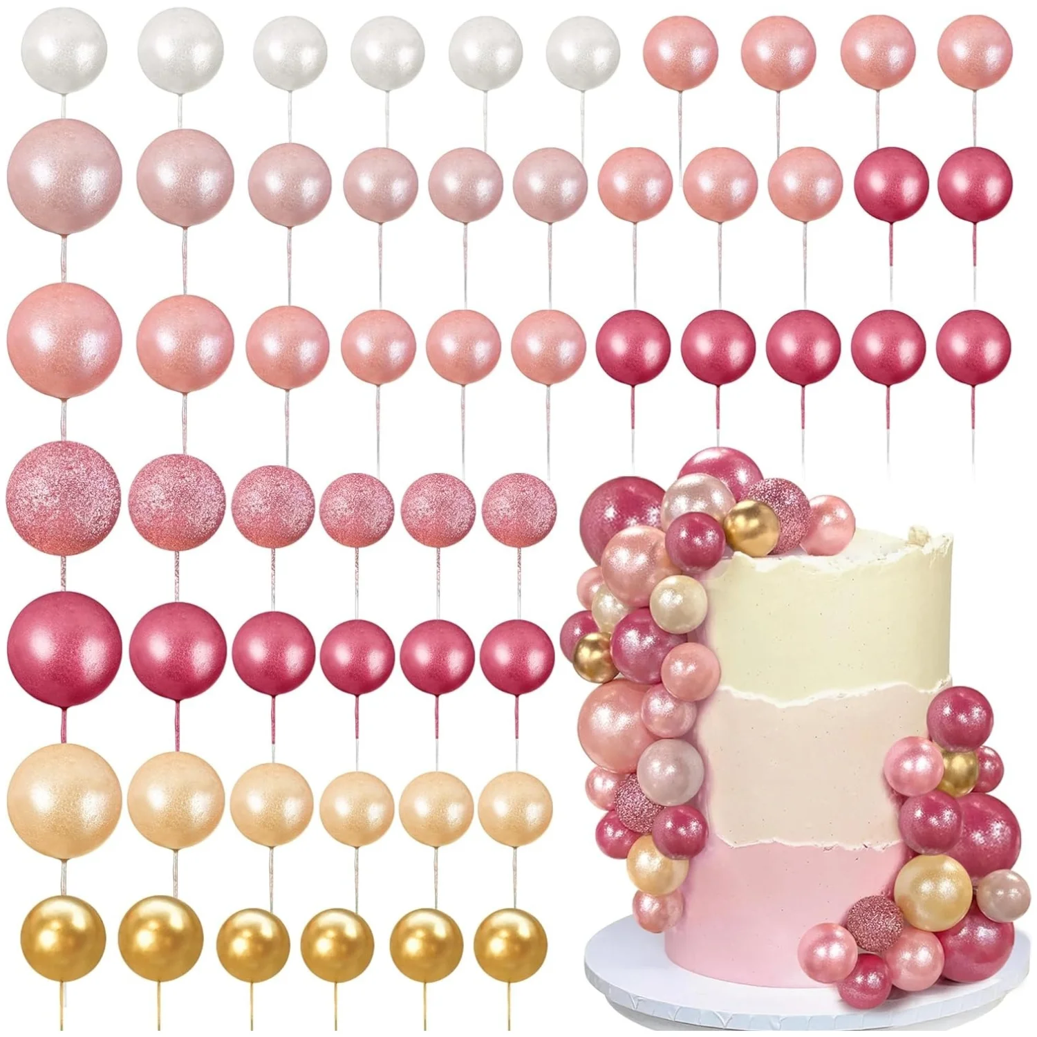 56 Stück Kugel-Kuchenaufsätze – bunte Perlen-Kuchendekorationen für Geburtstag, Hochzeit, Cupcakes, Ball, Partyzubehör, DIY-Dessert-Dekoration – Detail 1