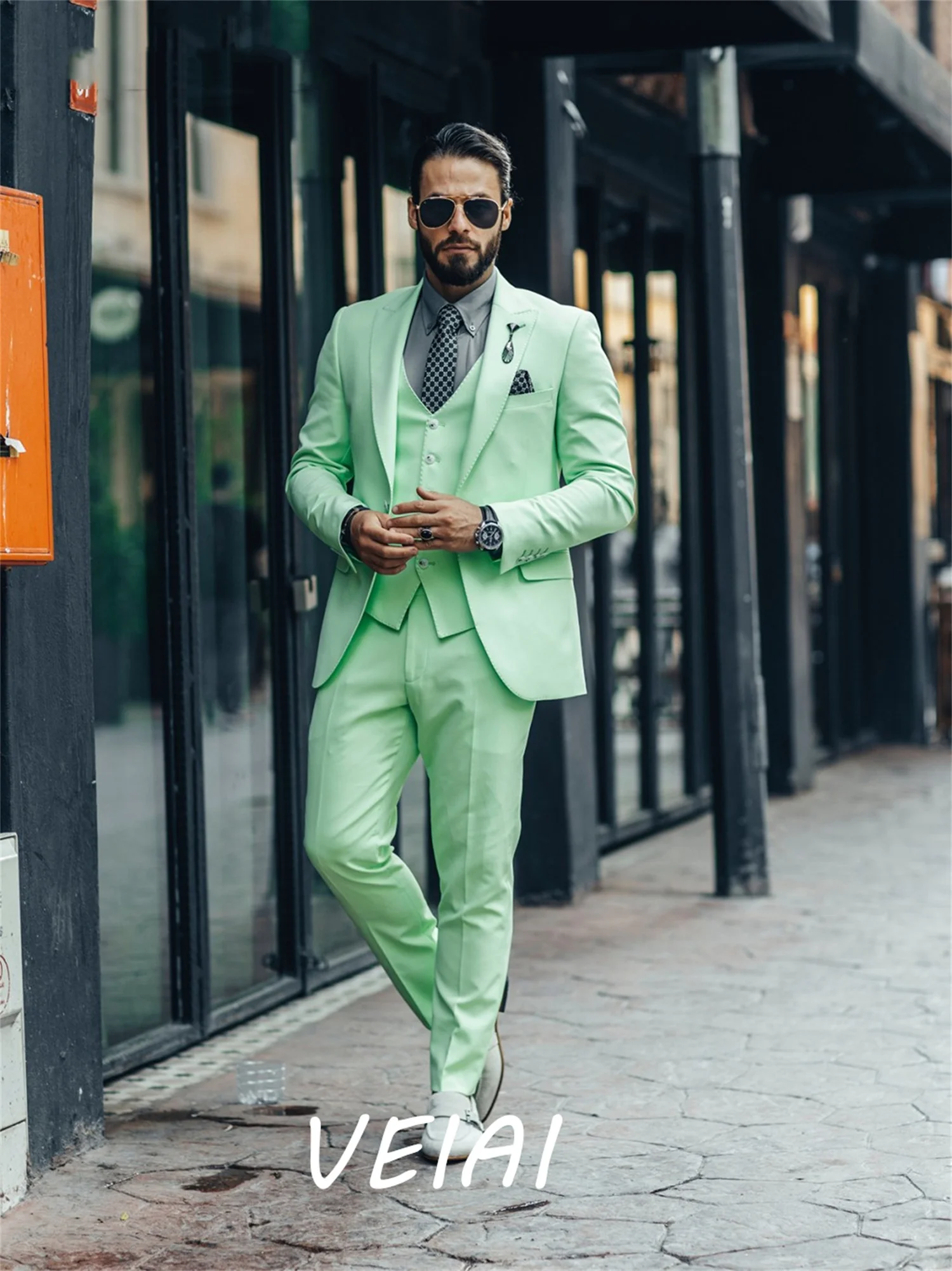 

Mint Green Suits for Men 3 Pieces Peaked Lapel Single Breated Traveling Party Casual Suit costume homme Jacket+Vest+Pant