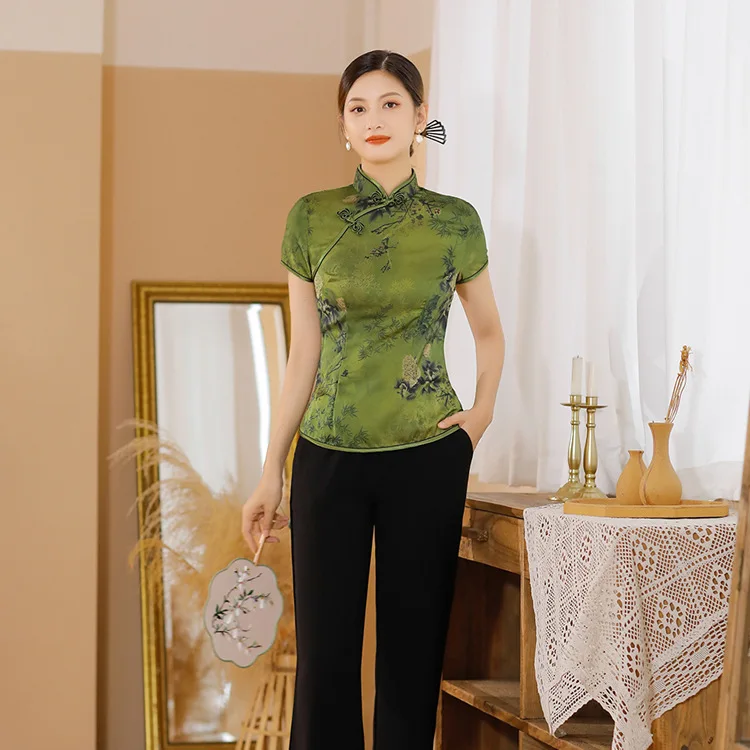 Women Chinese Shirt Vintage Mandarin Collar Tang Shirt Traditional Top Flower Print Performance Clothing Hand Button Satin Blouse women chinese shirt,women satin blouse