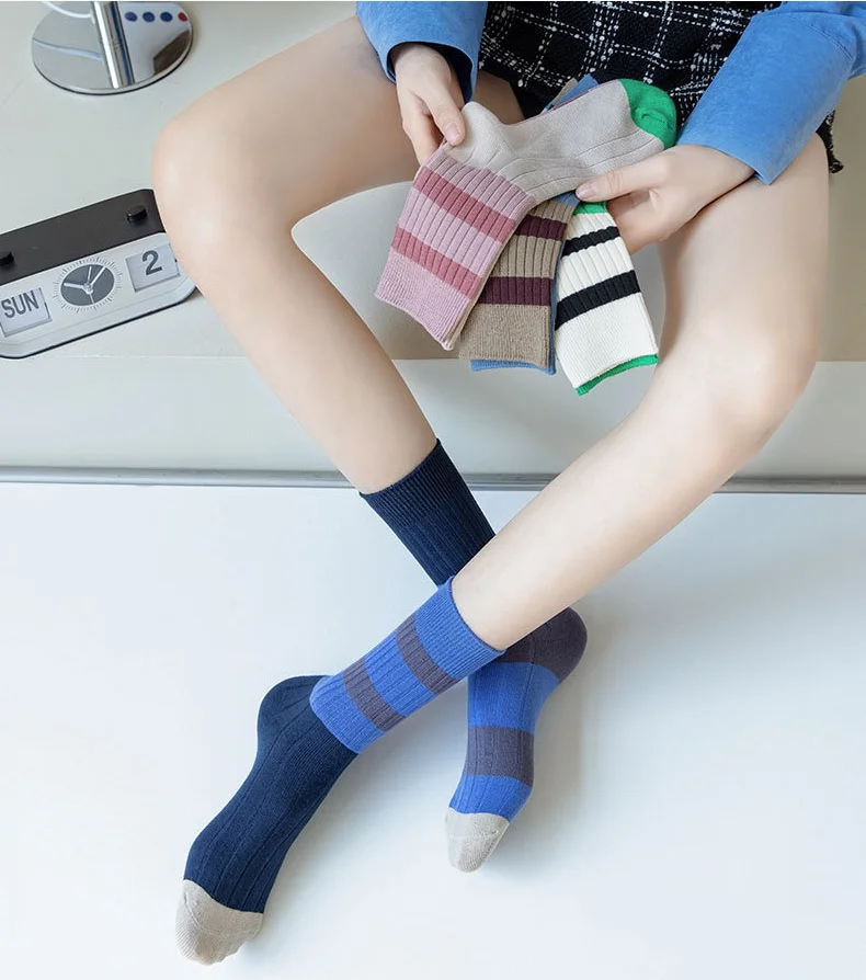 1/2/3/4 Paar Retro-Socken im koreanischen Stil für Damen, japanische Mode, AB-Socken, gemischte Farben, gestreift, Baumwolle, lässige Crew-Socken, EU 35–40 – Detail 5
