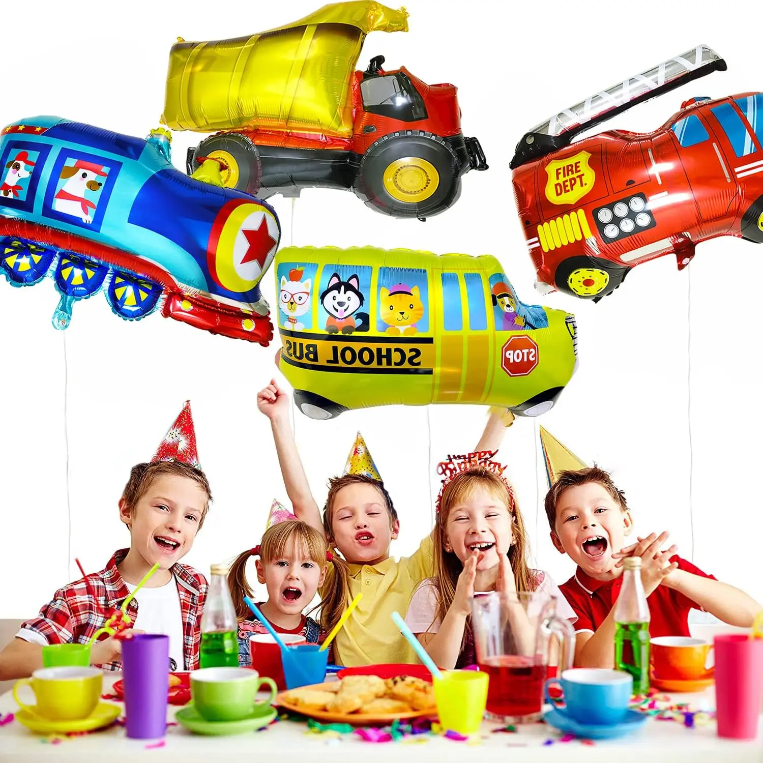 6pcs Car Balloons Big Construction Truck Fire Truck Train Ambulance School Bus Foil Balloons Vehicles Balloons For Kids Gifts 6