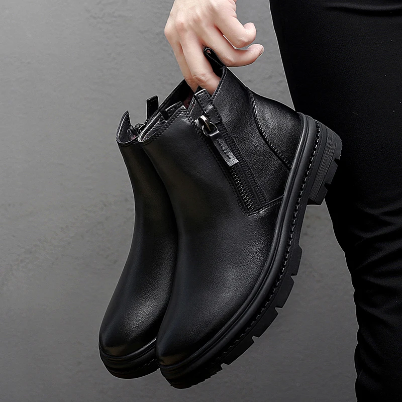Man Winter Chelsea Boots Fur Warm Male Casual Genuine Leather Shoes Designer Men's Dress Boot Handmade Zipper Business Footwear chelsea boots men leather boots