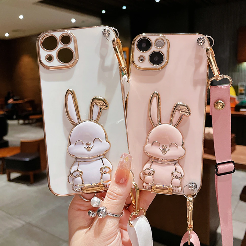 Cute Rabbit Design Crossbody Lanyard Phone Holder Case with Shockproof Stand and Plating Cover