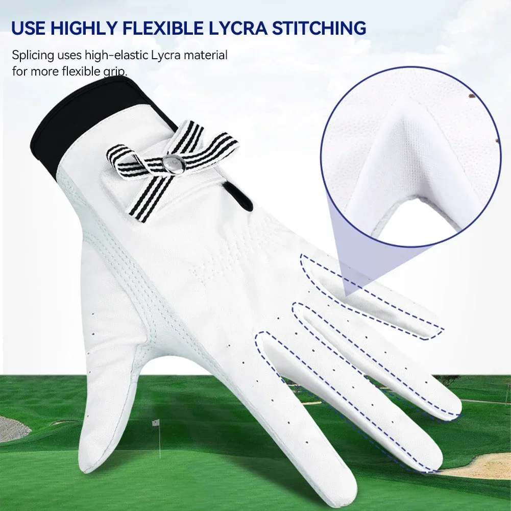 1 Pair Bow Golf Gloves For Women With Removable Mark Sheepskin Self-Adhesive Cloth Non-Slip Sports Full Finger Gloves 3