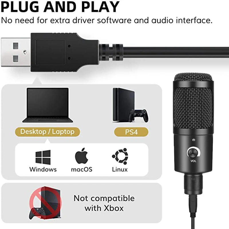 USB Computer Condenser Microphone Kit With Adjustable Scissor Arm Stand Shock Mount for Laptop PC YouTube Studio Recording Voice