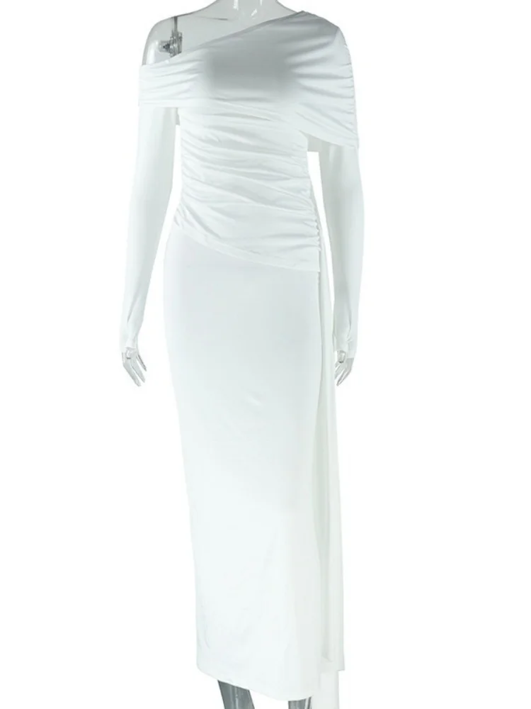 Wmstar Dress Women Wholesale 2025 Fashionable Solid Color Slanted Collar Revealing One Shoulder and Long Sleeves Irregular