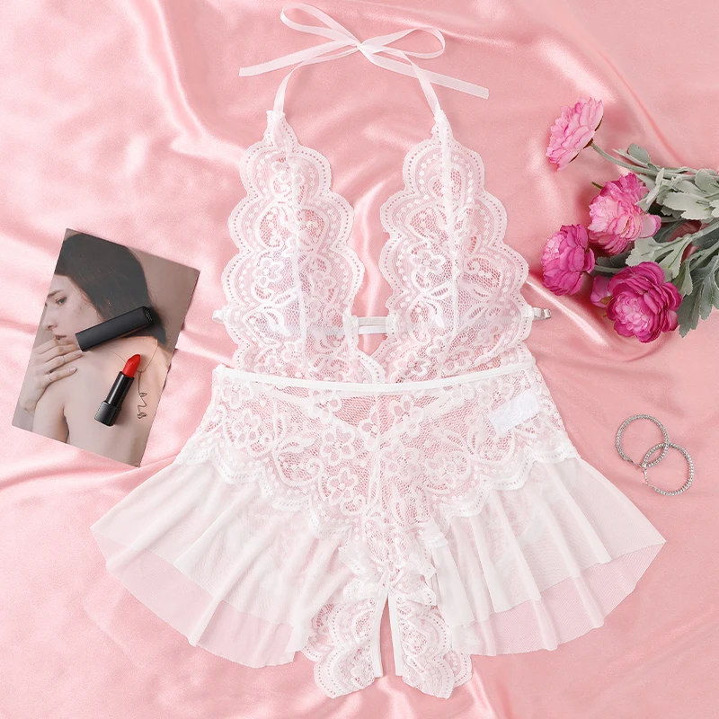 Crotchless Lace Women's See-through Sexy Lace-Up Bow Spliced Strap Jumpsuit Hollow Erotic Lingerie Bodysuit Shapewear Backless