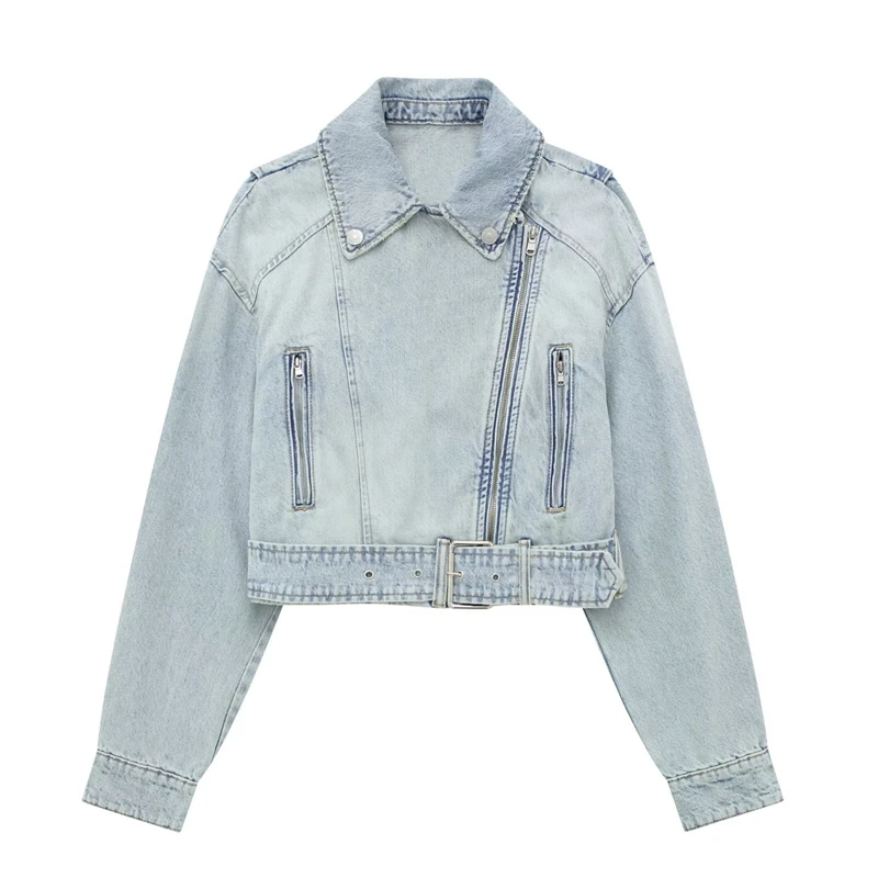 

2023 Women's New Lapel Long Sleeve Loose All-Match Motorbike Denim Jacket Coat Casual Fashion Zipper Short Style Top