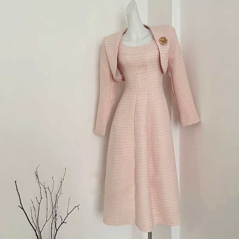 Autumn French Pink Long Sleeve Jacket + Sleeveless Dress Lady Suit Sweet Elegant Small Fragrant Two-piece Tweed Women Set 1723