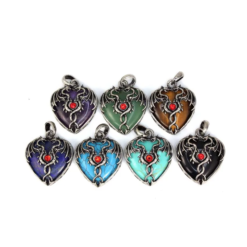 Vintage Dragon Man Necklace Natural Stone Crystal Heart Shape