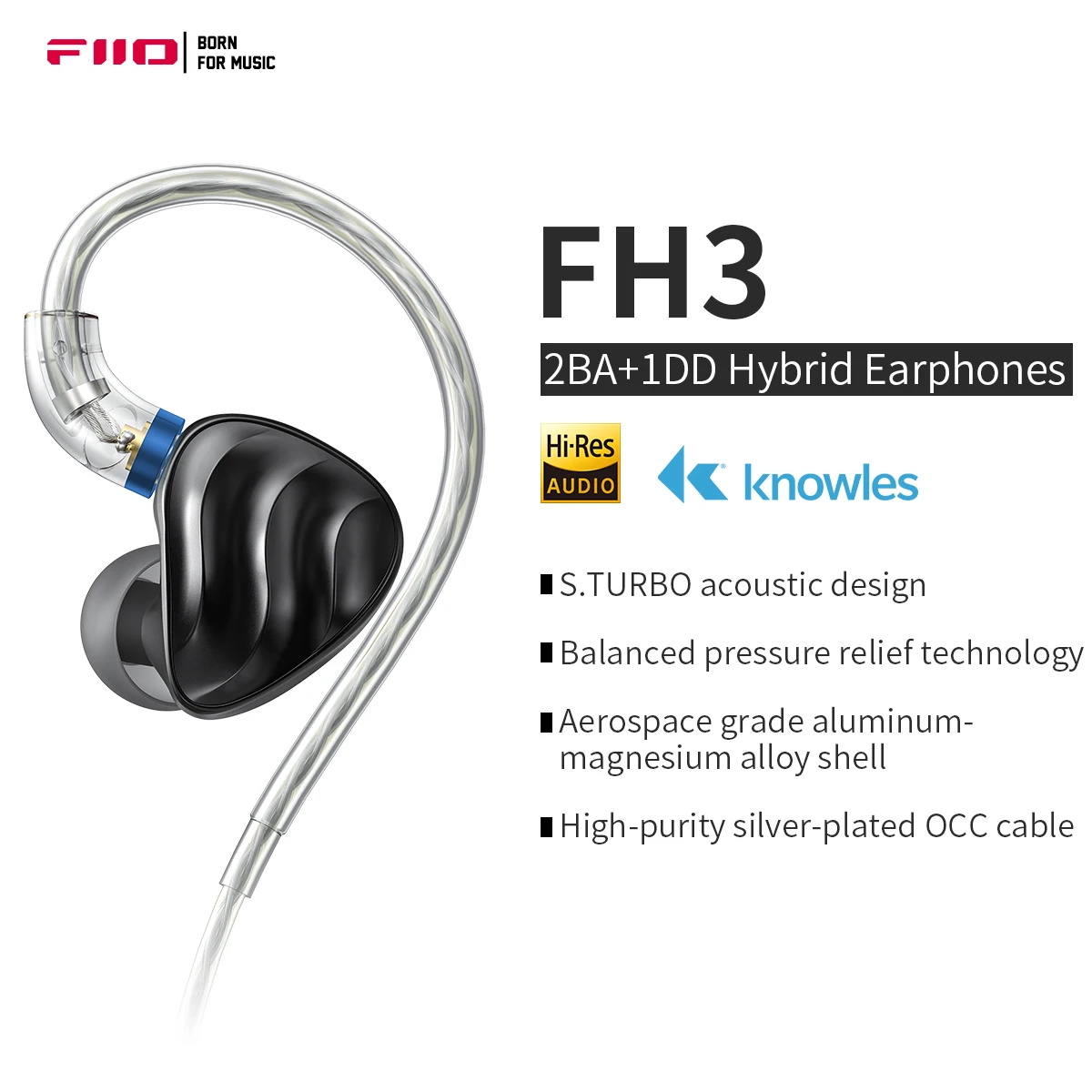 Fiio FH3 2BA+1DD knowles beryllium-plated dynamické hybridizace ovladač in-ear sluchátko IEM S.TURBO akustická design slitina lastura MMCX