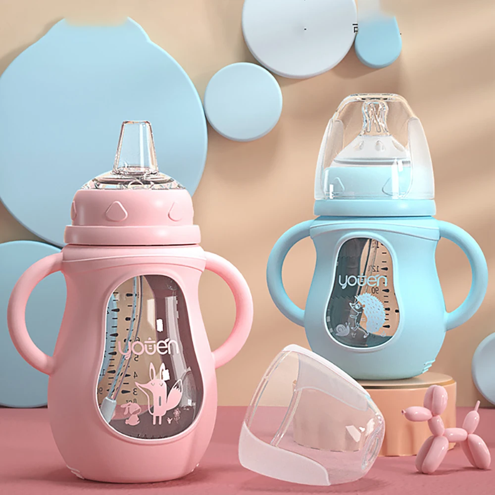 Baby Glass Bottle With Straw Wide Mouth BPA Free