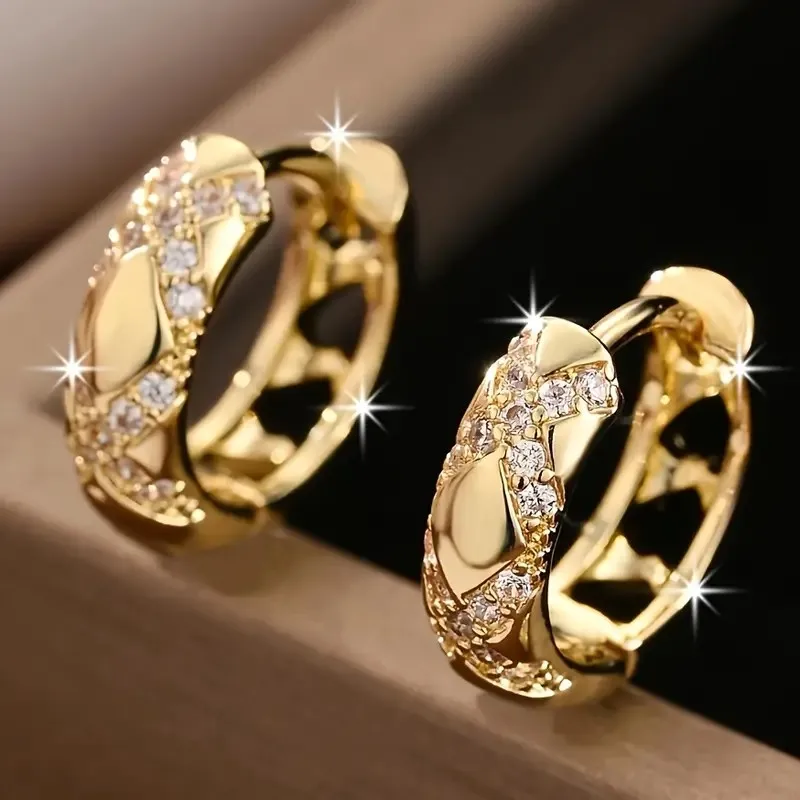 Golden-Tone Bohemian Cross Hoop Earrings for Women Sparkling Synthetic CZ Design Ear Buckle Wedding Jewelry Gifts