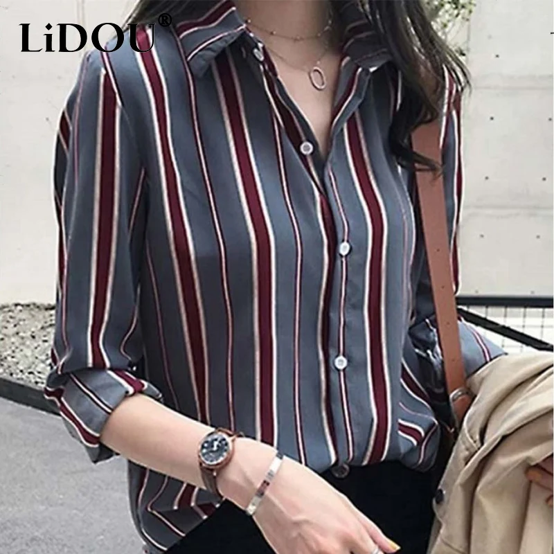 

Spring Autumn Polo-neck Vintage Striped Elegant Fashion Buttons Shirt Ladies Long Sleeve All-match Blouse Tops Women Cardigan