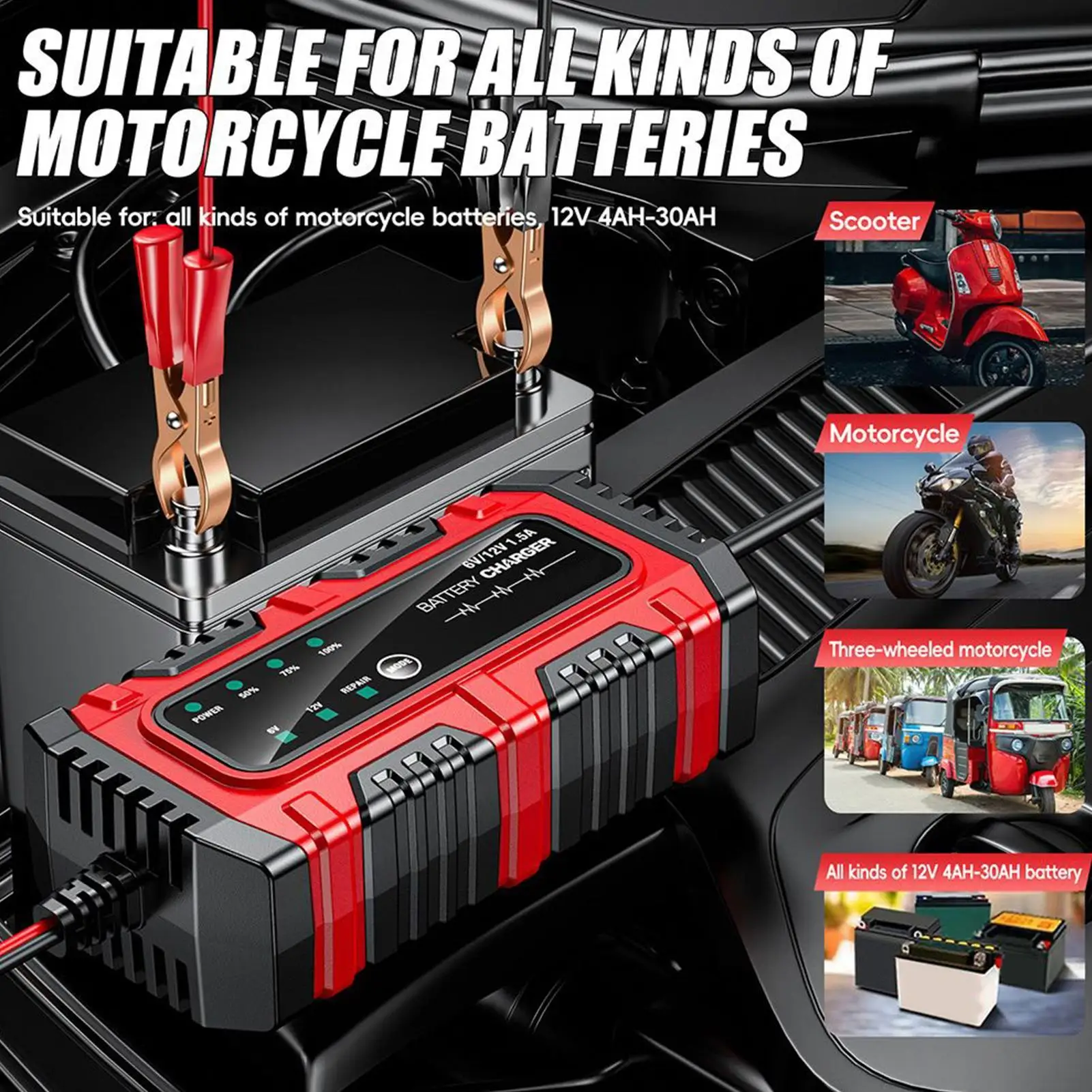 Battery Charger 6V 12V 1.5A Car Battery Charger Car Motorcycle Battery Charging Unit Automatic Tender Maintainer For Motorcyle - 2