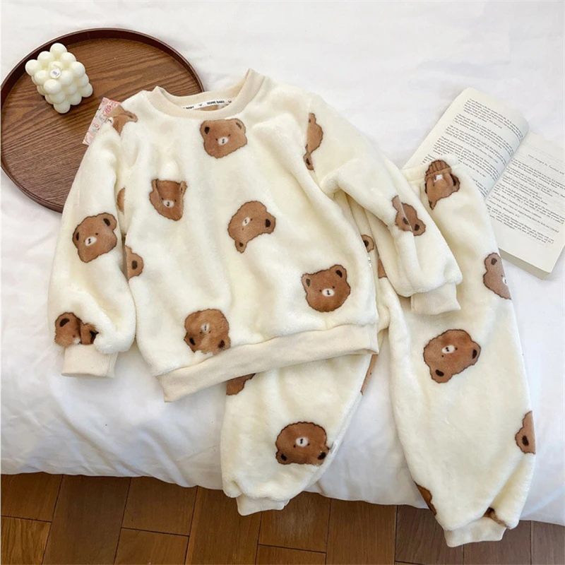 

New 2024 Autumn Winter Kids Thicken Soft Flannel Pajamas Sets Baby Boys Girls Cartoon O-neck Pullover Warm Sleeping Sets Pyjamas