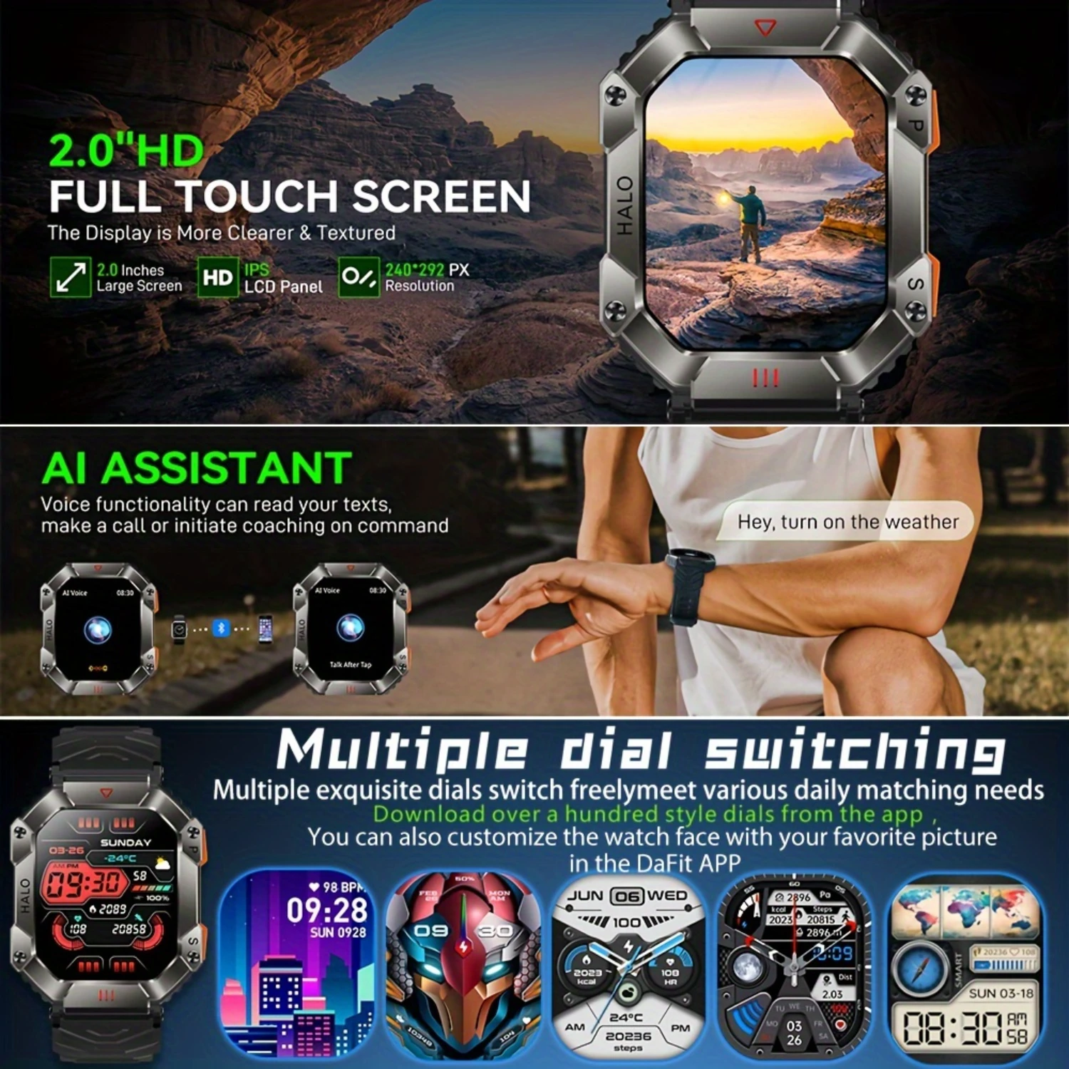 Camouflage Smartwatch With Altimeter, Barometer, Compass, Wireless Call, And Full Touch Screen-Perfect Gift For Active Men And