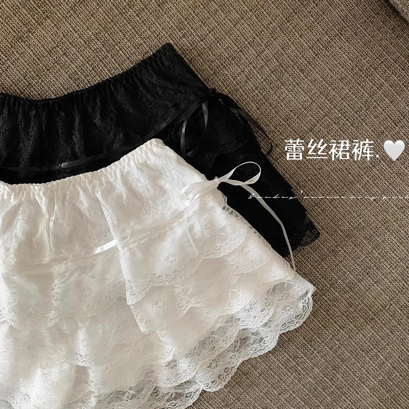 Women Lace Safety Pants Bowknot Frilly Lace High Waist Safe Pants Female Boxers Under Shorts Lady Anti-light Leggings 5