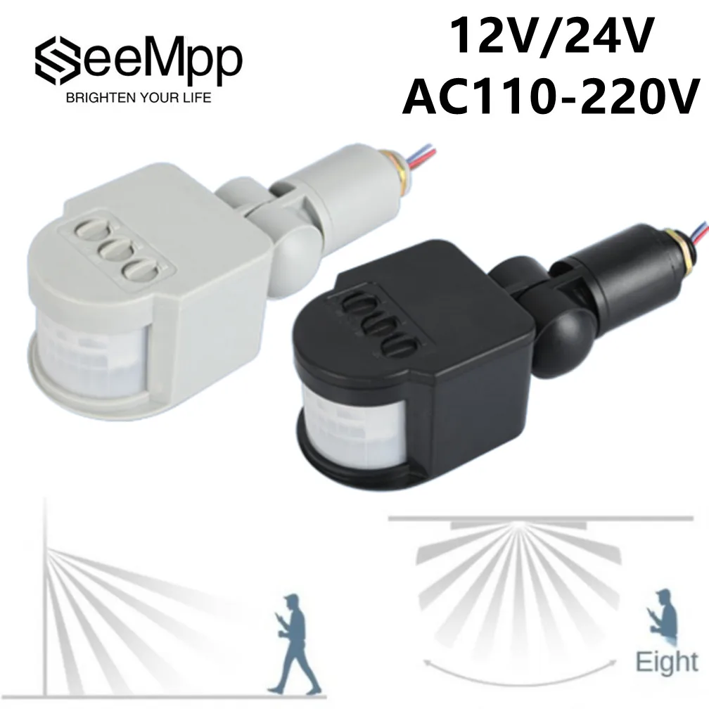 Detector de Movimento Pir Infravermelho Automático ac 110220v dc 12-24v Sensor de Movimento Temporizador Exterior Ip65 Interruptor de Luz Led