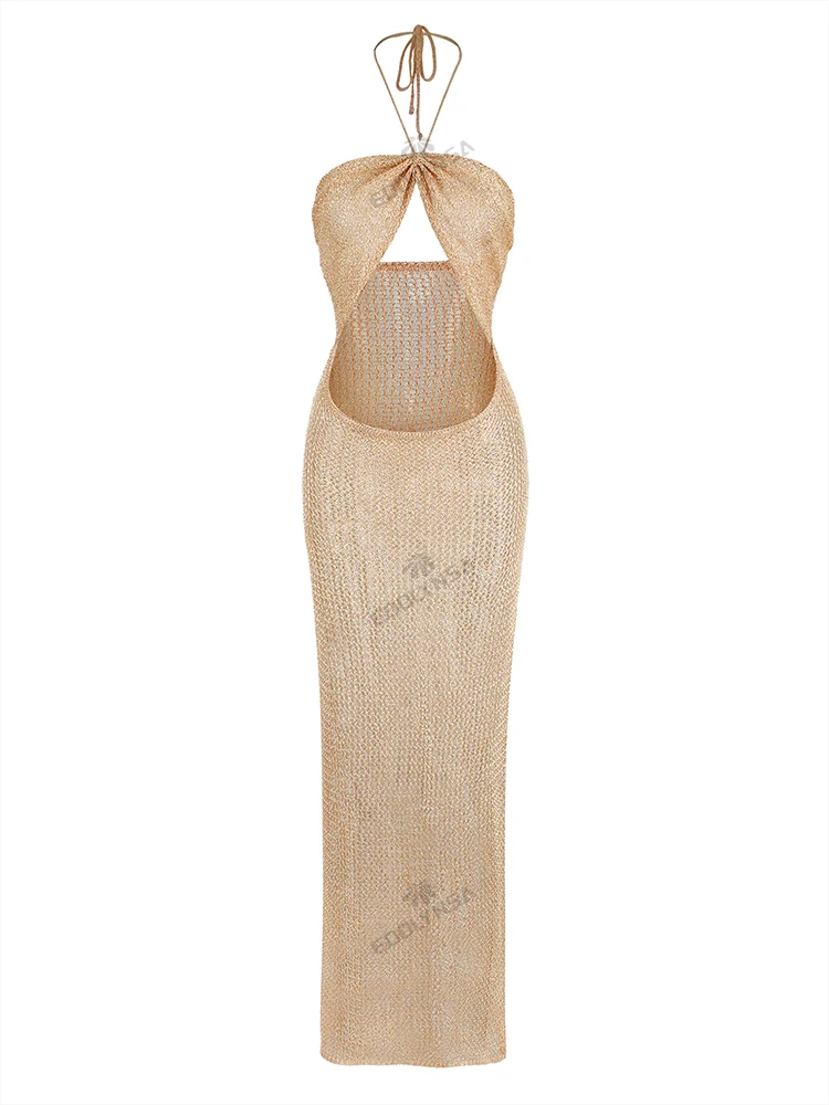 Sexy Knit Halter Neck Cut Out Beach Maxi Dress 2026 Summer Swimsuit Cover Up Women's Solid Colour Vacation Party Outfit K232 5