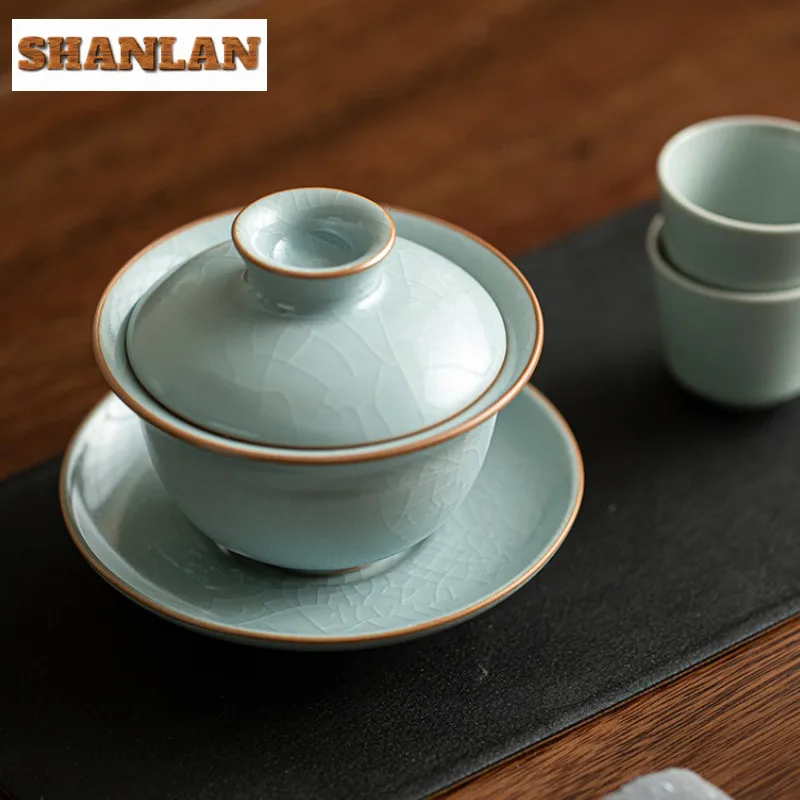 145ml Azure Ru Kiln Ice Cracked Glaze Gaiwan Handmade Copper Coin Base Tea Tureen Tea Brewing Cover Bowl Teaware Decoration Gift
