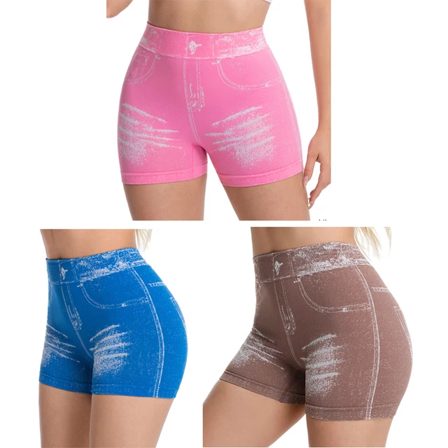 Lot de 3 shorts en jean imitation pour femme, pour fitness, course, sport, gym, entraînement, avec effet froncé aux fesses, leggings de yoga sans couture, culottes gainantes