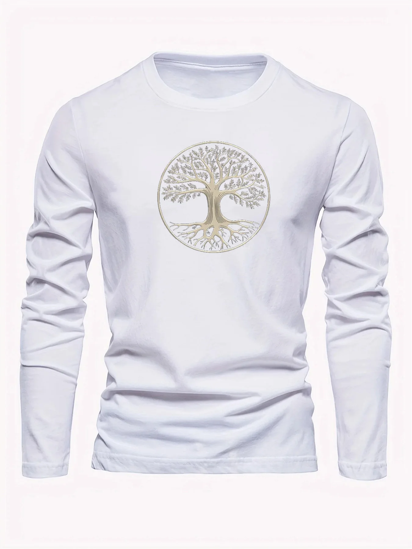 Men's 100% pure cotton loose and comfortable casual sports tree pattern printed round neck long sleeved T-shirt top