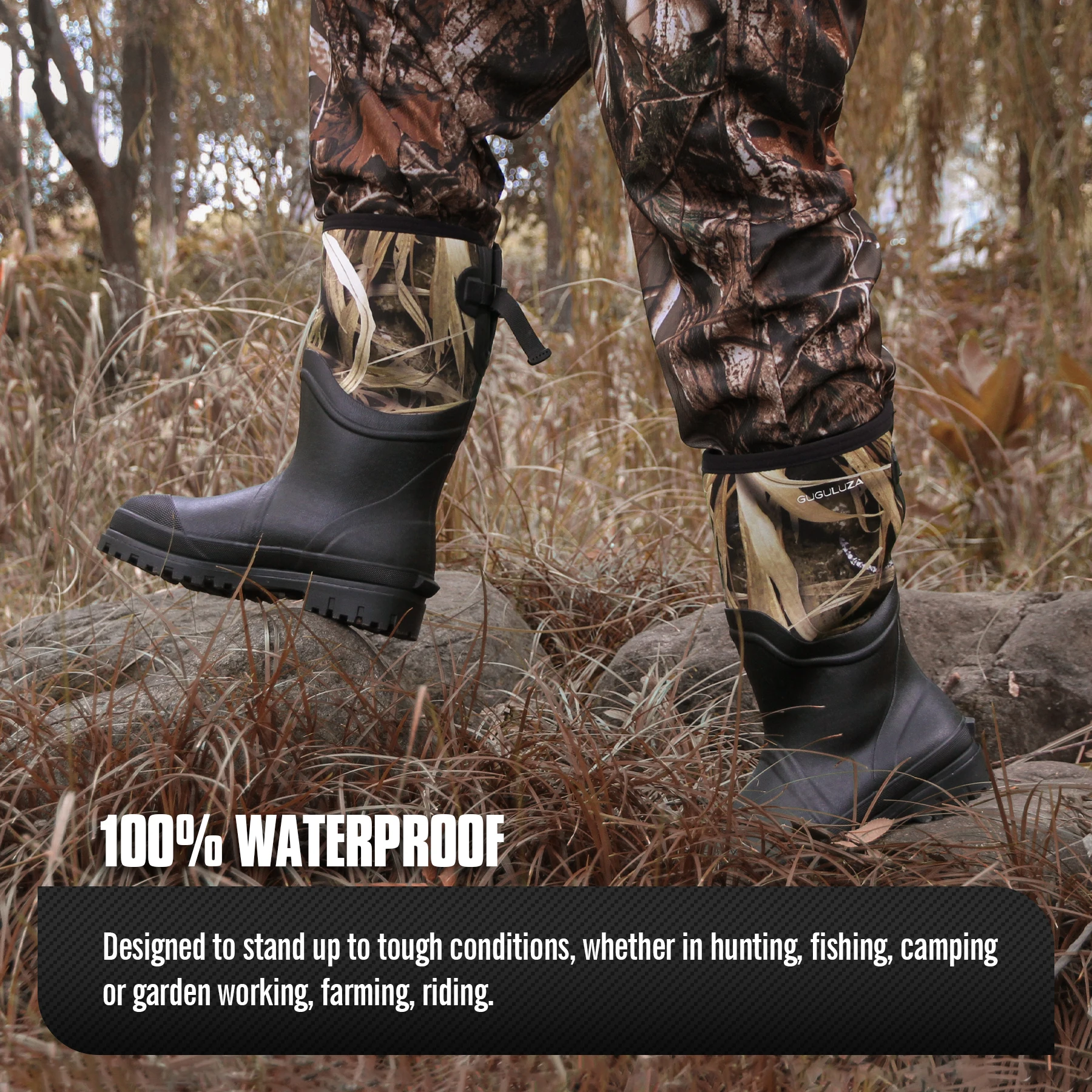 GUGULUZA Camouflage Rain Boots-High Rubber Waterproof Rainshoes Outdoor Anti-Slip Hunting Long Boot Neoprene Fishing Boots