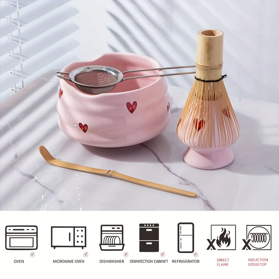 Pink Heart Decal Ceramic Matcha Set 5pcs Cute Matcha Set Includes Bowl Whisk and Holder Bamboo Scoop Sifter