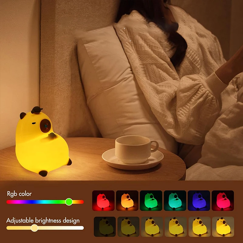 Capybara Night Light - Soft Silicone Nursery Lamp with 7-Color LED, Dimmable Warm Glow, Tap Control & Timer