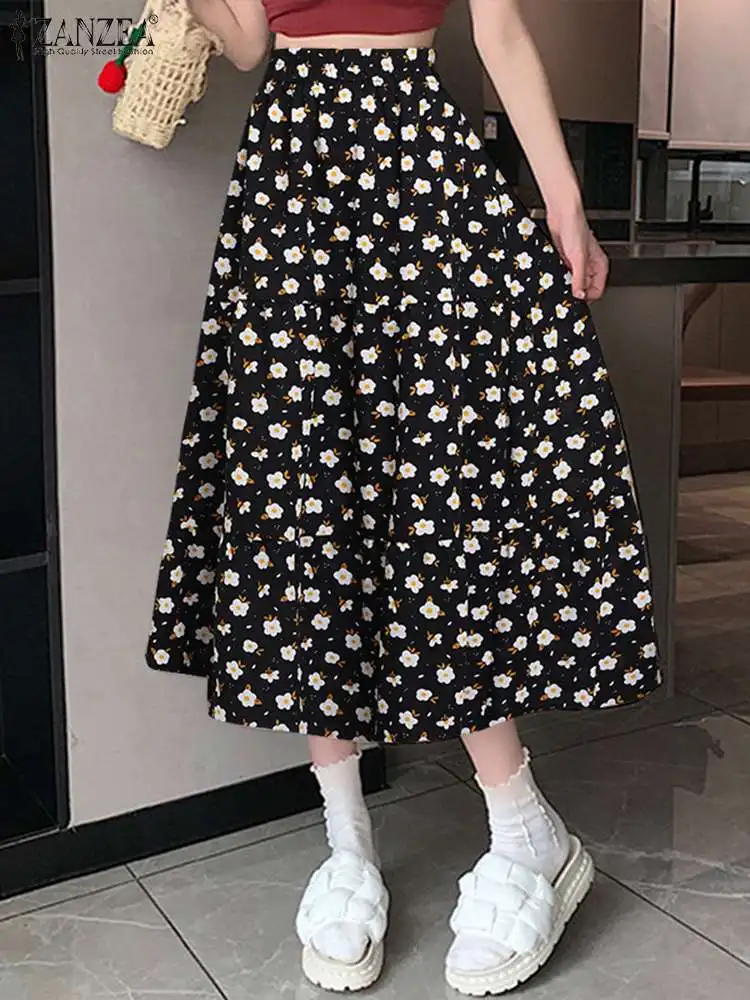 

ZANZEA Women Floral Pirnt Swing Skirt Pleated Holiday Casual Tiered High Waist Midi Skirts Korean Fashion A-line Faldas Jupes