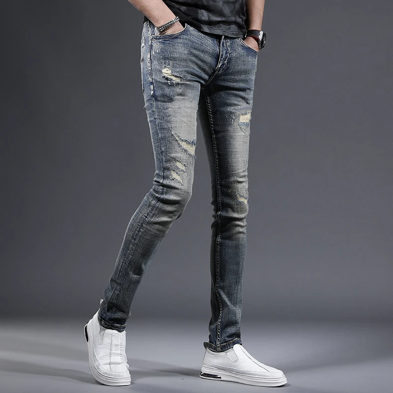 Vintage Ripped Men's Jeans Streetwear Slim Fit Denim Pants Casual Retro Blue Stretch Trousers CP2188