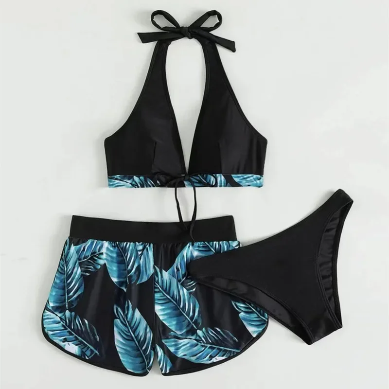 New Women's Backless Padded Breast Bikini Set Printed Boxer Shorts Sexy Non-steel Ring Surf Swimming Costume Three-piece Set