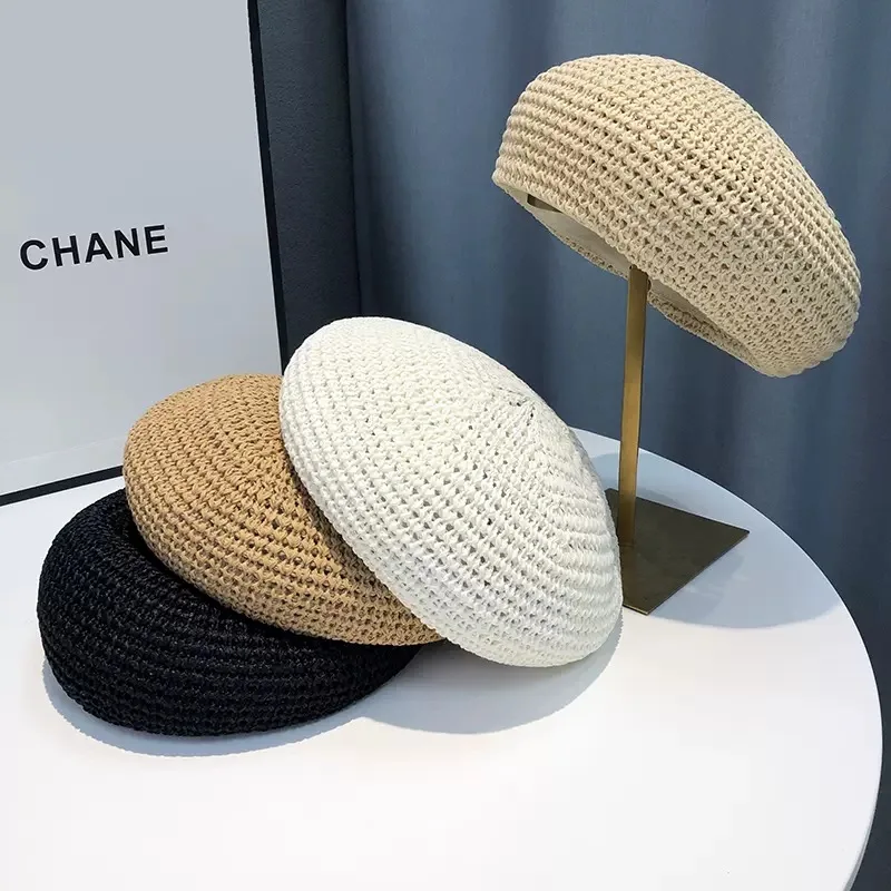 Adult Female Fashion Matching Summer Thin Woven Niche Design with A Refreshing Hollow Out Breathable Bud Painter Beret Hat DM14 leisure women s woven belt fashion business travel workwear design waistband high quality campus youth needle buckle belt