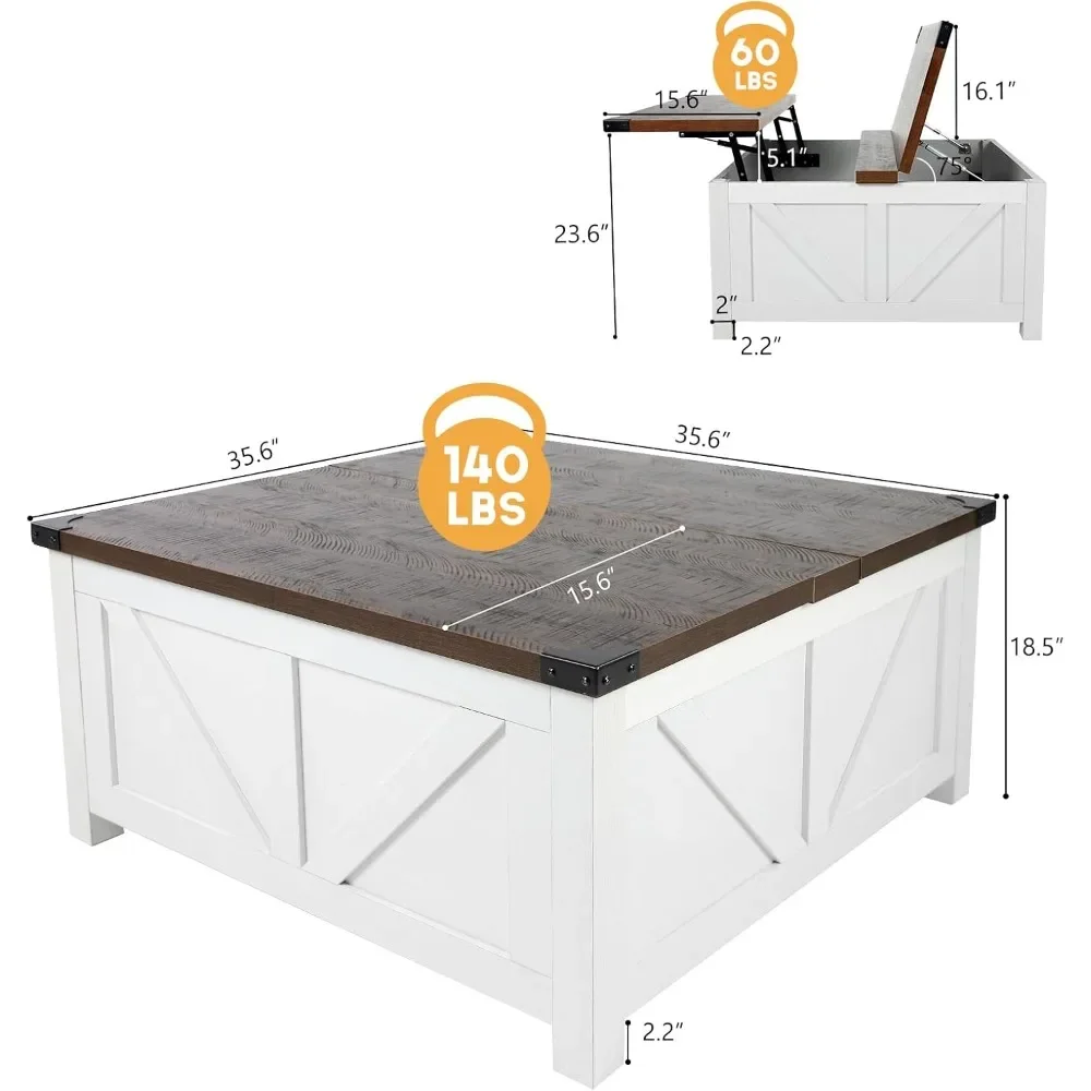 Farmhouse Lift Top Coffee Table with Storage, Wood Square Center Table with Charging Station&USB Ports 2