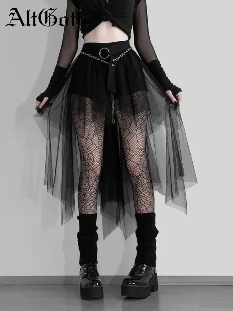 AltGoth-falda de malla gótica Harajuku para mujer, falda Irregular