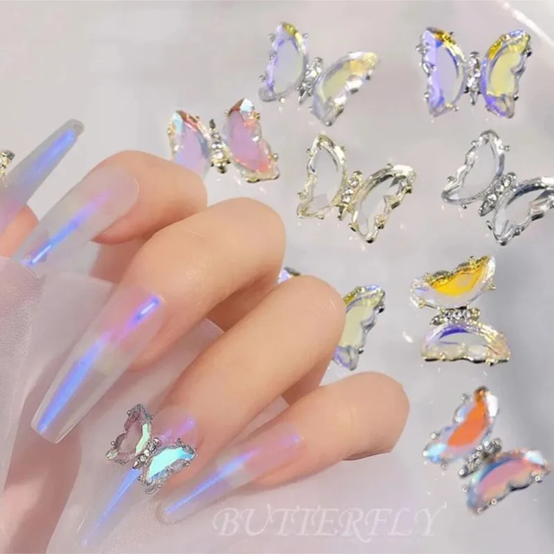 

10PCS/50PCS Aurora Butterfly Rhinestone Nail Art Decorations Glitter Jewelry Charms Manicure Ornament Butterfly Press on Nails