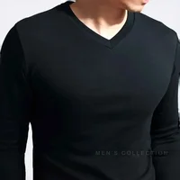 T-shirt élastique pour homme 2026, col en V, manches longues, vêtements pour homme, t-shirt uni, hauts et t-shirts neufs 2