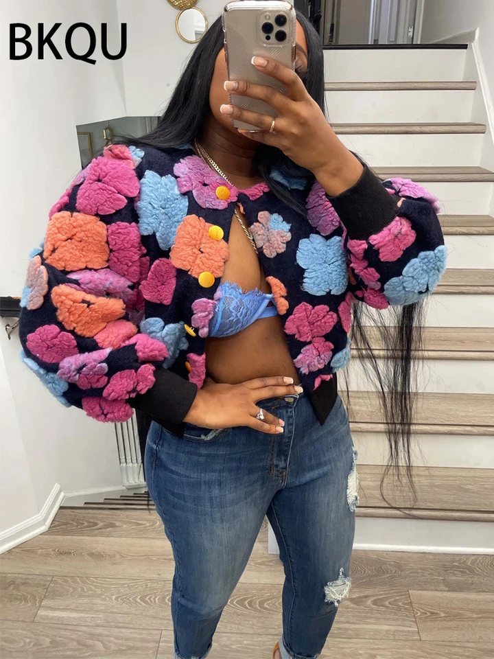BKQU 2023 Autumn Cropped Jacket Coats Women Y2K 3D Flower