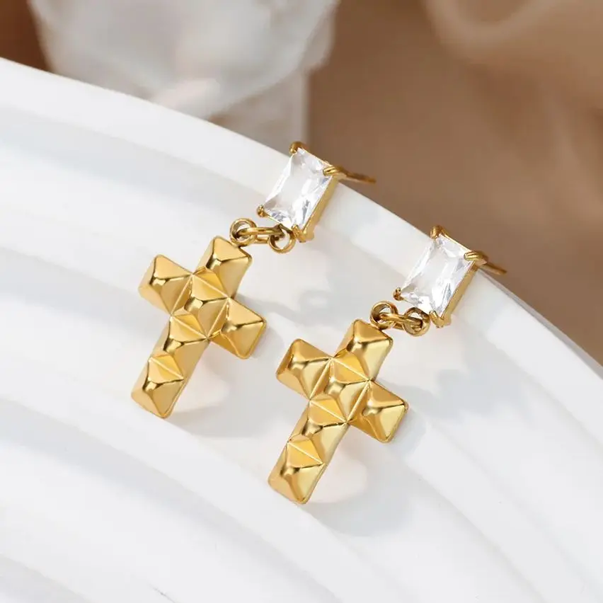 Stainless Steel Zircon Cross Stud Earrings Gold Color Anti Fading