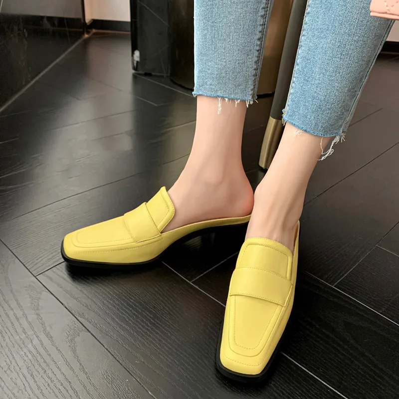 

MKKHOU Fashion Sandals Women New High Quality Genuine Soft Leather Square Toe Open Heel Muller Shoes Outside Casual Slippers